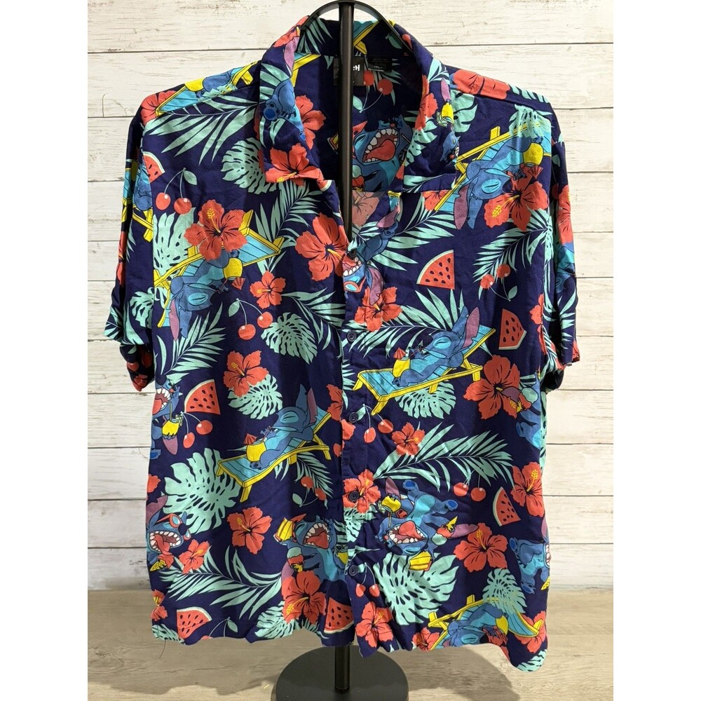 Disney Stitch Mens Tropical Hawaiian Button Collar Shirt Blue Large Lilo